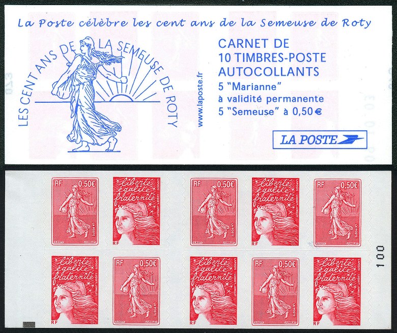 Image du timbre Centenaire de la Semeuse de Roty-Carnet mixte Semeuse et Marianne N° 100 avec carré noir