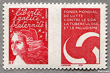 Image du timbre Marianne de Luquet-sans valeur faciale rouge avec vignette-«Fonds mondial de lutte contre le SIDA, la tuberculose et le paludisme».