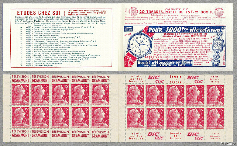 Carnet de 20 timbres de la Marianne de Muller  rose carminé 15 F avec  publicité Télévision Grammont et Bic Clic