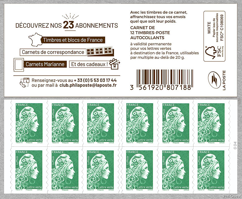 Image du timbre Marianne d'Yseult Digan- Carnet de 12 timbres autoadhésifs pour lettre verte jusqu'à 20g  - Découvrez nos 23 abonnements
