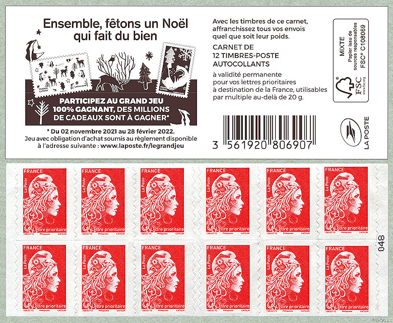 Image du timbre Marianne d'Yseult Digan - Carnet de 12 timbres autoadhésifs pour lettre prioritaire jusqu'à 20g -Ensemble, fêtons un Noël qui fait du bien