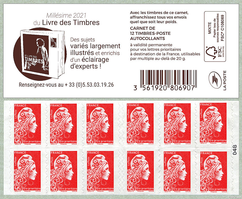 Image du timbre Marianne d'Yseult Digan - Carnet de 12 timbres autoadhésifs pour lettre prioritaire jusqu'à 20g -Millésime 2021 du Livre des Timbres