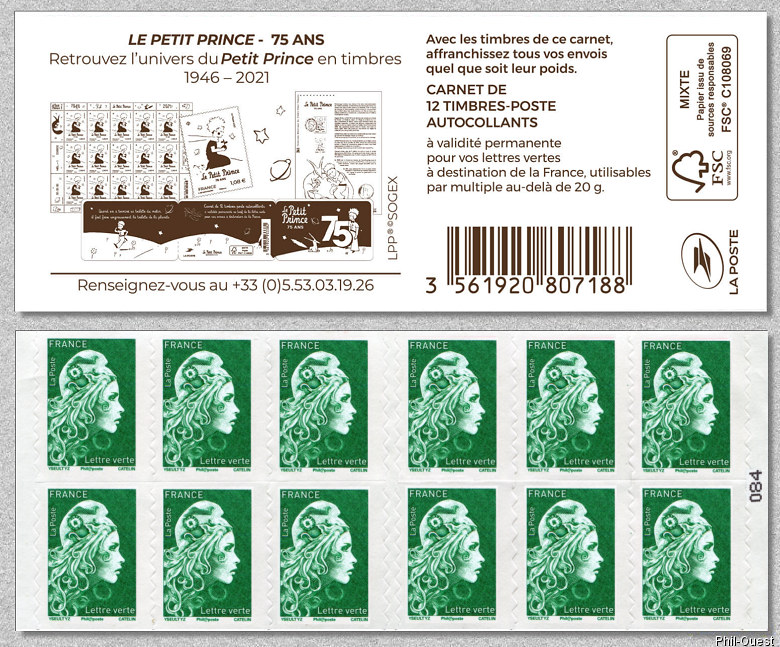 Image du timbre Marianne d'Yseult Digan- Carnet de 12 timbres autoadhésifs pour lettre verte jusqu'à 20g  -  Le Petit Prince 75 ans  1945-2021