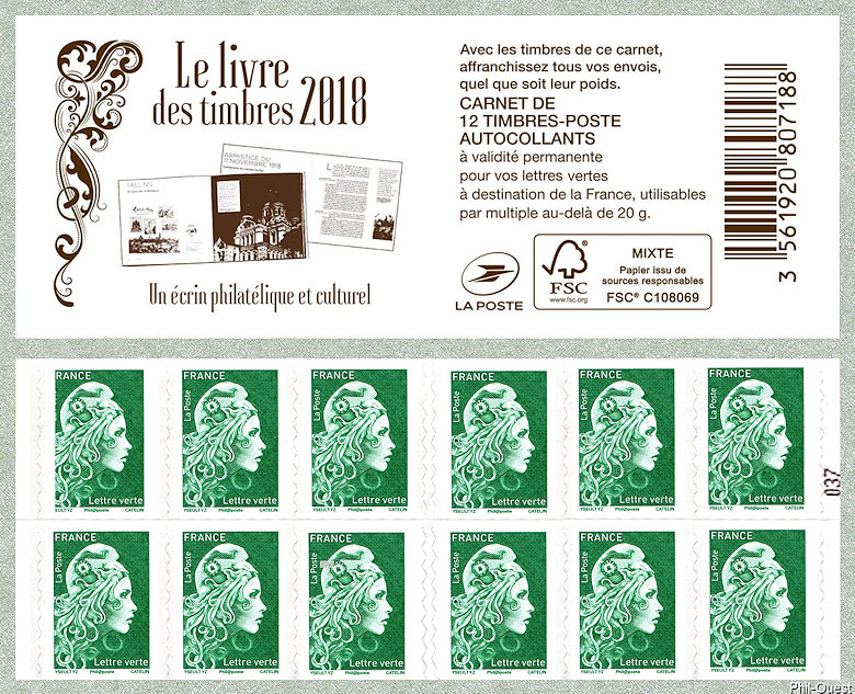 Image du timbre Marianne d'Yseult Digan- Carnet de 12 timbres autoadhésifs pour lettre verte jusqu'à 20g  -  Le livre des timbres 2018