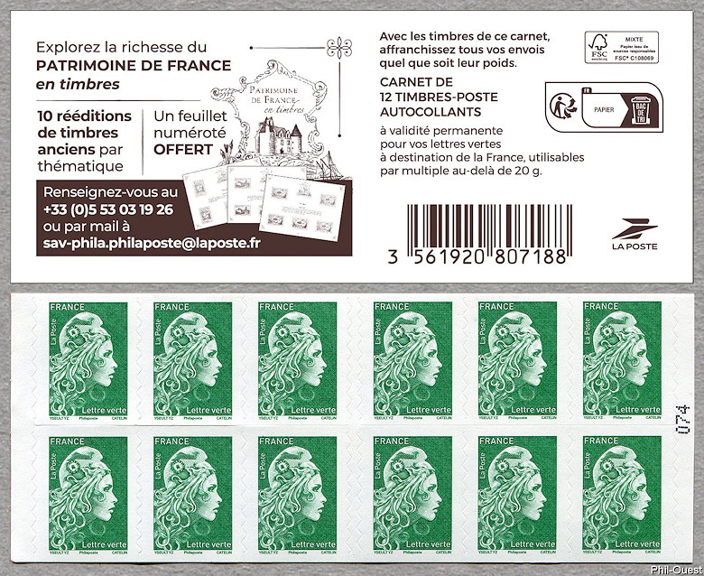 Marianne d´Yseult Digan<br /> Carnet de 12 timbres autoadhésifs pour lettre verte jusqu´à 20g<br />Explorez la richesse du patrimoine de France en timbre