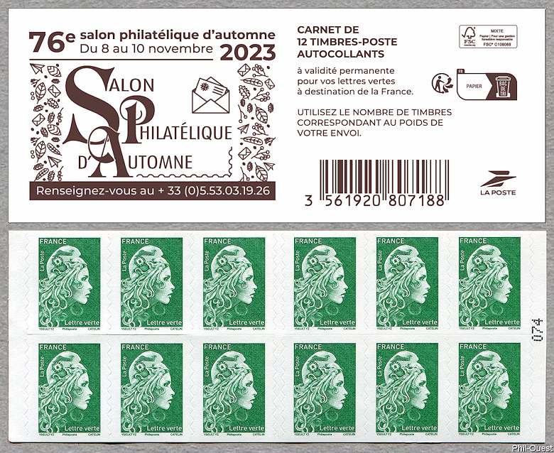 Image du timbre Marianne d'Yseult Digan- Carnet de 12 timbres autoadhésifs pour lettre verte jusqu'à 20g -76e salon philatélique  d'automne
