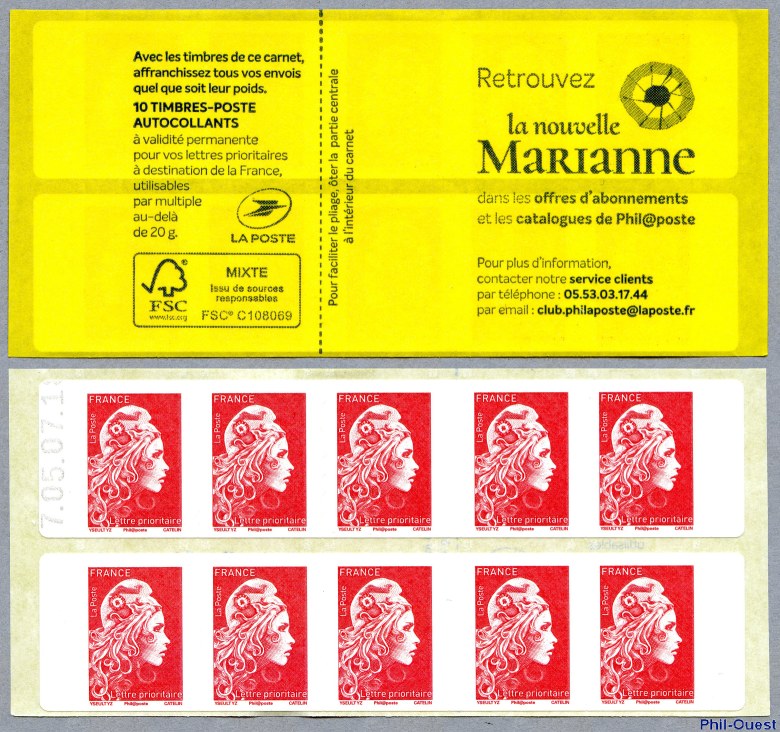 Image du timbre Marianne d’Yseult Digan- Carnet de distributeur de 10 timbres autoadhésifs pour lettre prioritaire jusqu'à 20g