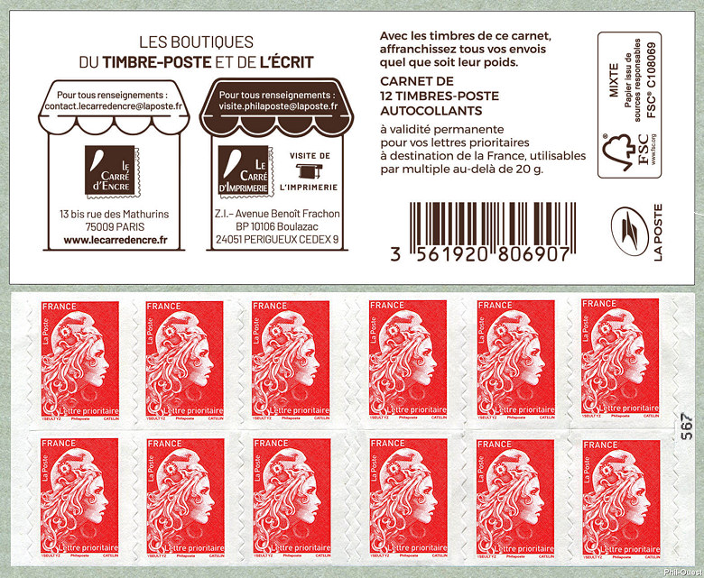 Image du timbre Marianne d'Yseult Digan - Carnet de 12 timbres autoadhésifs pour lettre prioritaire jusqu'à 20g -Boutiques du timbre-poste et de l'écrit