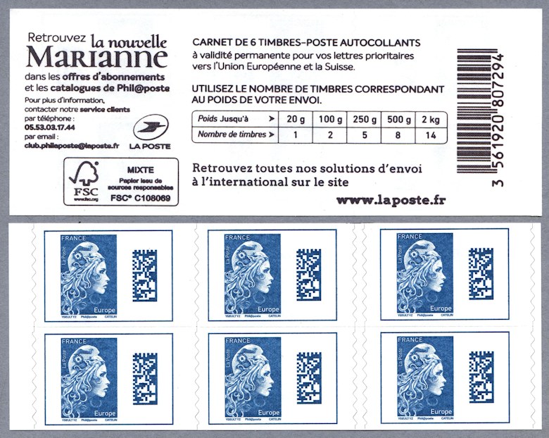 Image du timbre Marianne d'Yseult Digan- Carnet de 6 timbres autoadhésifs pour lettre prioritaire jusqu'à 20g pour l'Europe