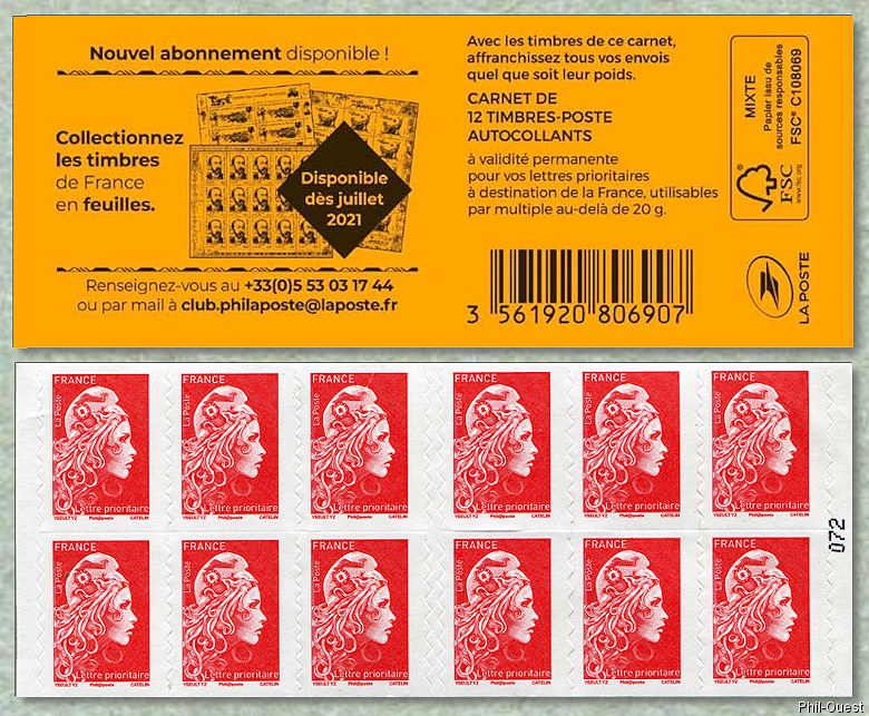 Image du timbre Marianne d'Yseult Digan- Carnet de 12 timbres autoadhésifs pour lettre prioritaire jusqu'à 20g «Collectionnez les timbres en feuilles»