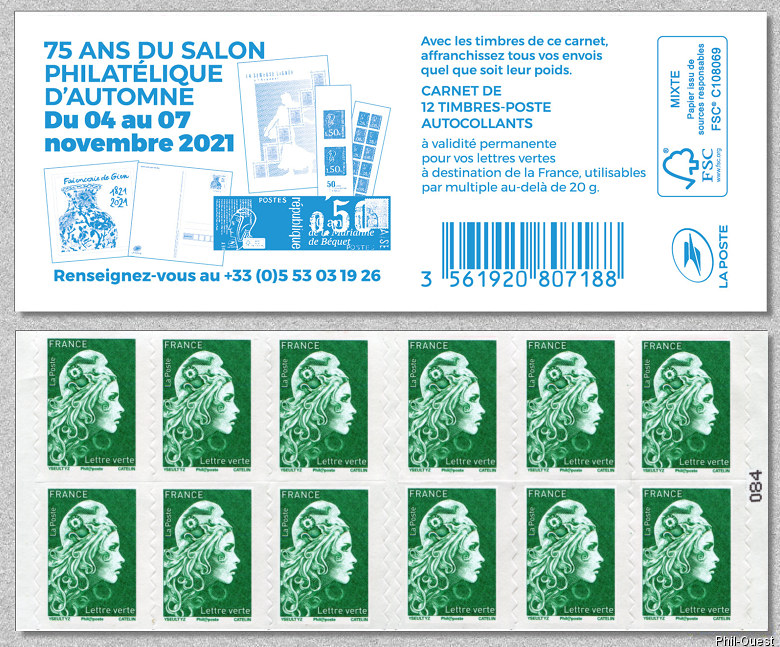 Image du timbre Marianne d'Yseult Digan- Carnet de 12 timbres autoadhésifs pour lettre verte jusqu'à 20g  - 75 ans du Salon Philatélique d'Automne