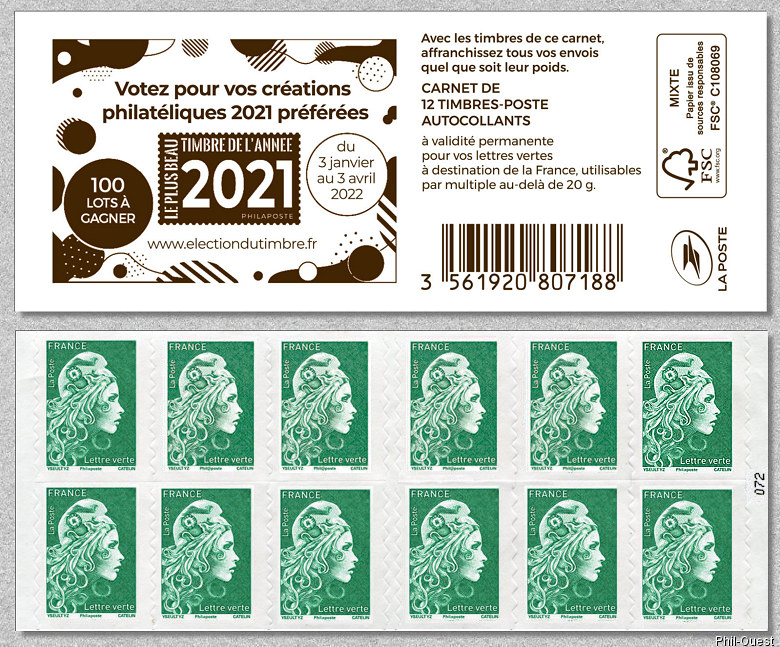 Image du timbre Marianne d'Yseult Digan- Carnet de 12 timbres autoadhésifs pour lettre verte jusqu'à 20g  -  Election du plus beau Timbre de l'année 2021