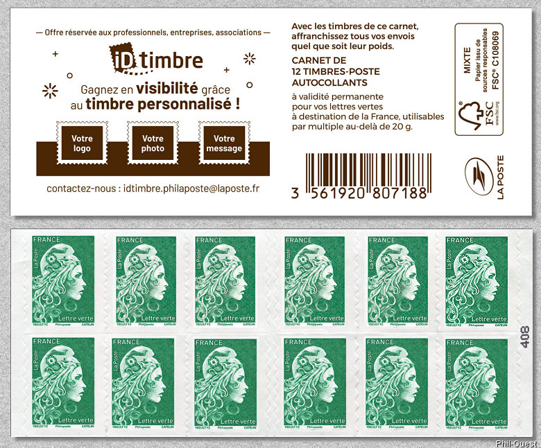 Image du timbre Marianne d'Yseult Digan- Carnet de 12 timbres autoadhésifs pour lettre verte jusqu'à 20g  -  Gagnez en visibilité grâce au timbre personnalisé