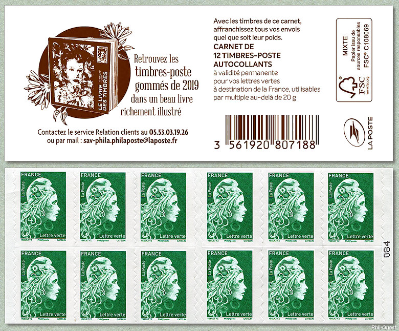 Image du timbre Marianne d'Yseult Digan- Carnet de 12 timbres autoadhésifs pour lettre verte jusqu'à 20g « La nouvelle Marianne »