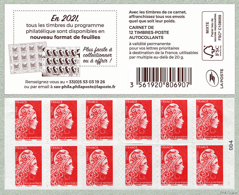 Image du timbre Marianne d'Yseult Digan - Carnet de 12 timbres autoadhésifs pour lettre prioritaire jusqu'à 20g -Nouveaux formats de feuilles -  Mention Philaposte