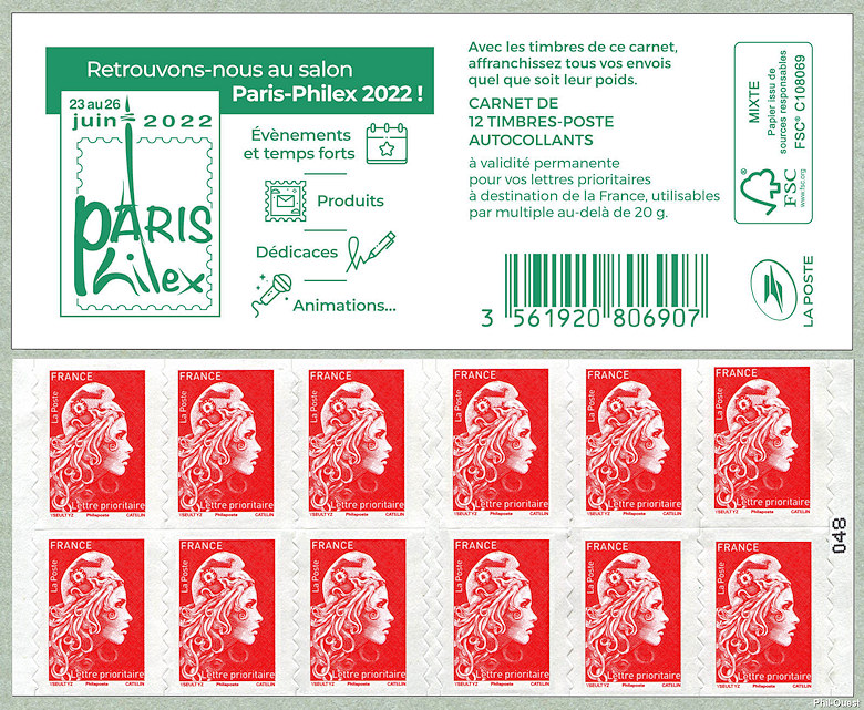 Image du timbre Marianne d'Yseult Digan 
- 
Carnet de 12 timbres autoadhésifs pour lettre prioritaire jusqu'à 20g 
-Salon Paris Philex 2022