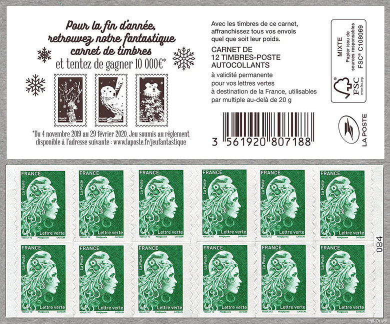 Image du timbre Marianne d'Yseult Digan- Carnet de 12 timbres autoadhésifs pour lettre verte jusqu'à 20g -Carnet de timbres de vœux