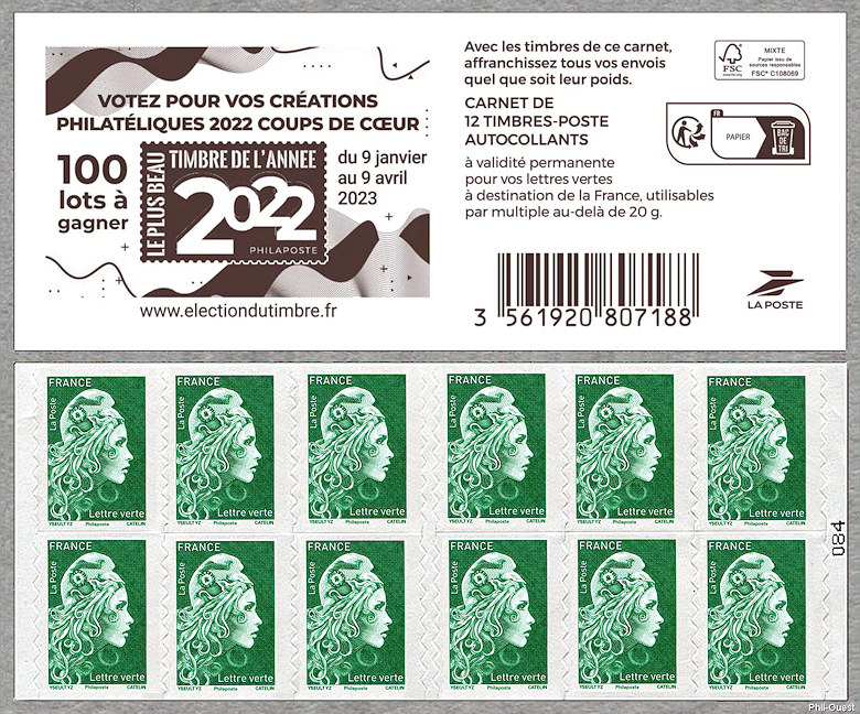 Marianne d´Yseult Digan <br /> Carnet de 12 timbres autoadhésifs pour lettre verte jusqu´à 20g <br />Élection du plus beau Timbre de l´année 2022 - Votez pour vos créations philatéliques 2022