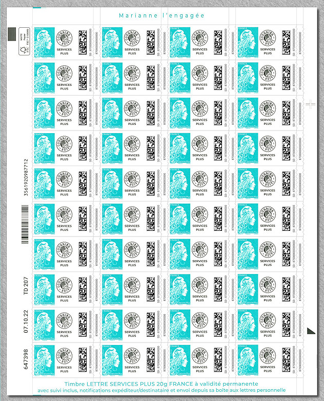 Image du timbre Feuille de 40 timbres autoadhésifs pour lettre verte courrier suivi Service Plus