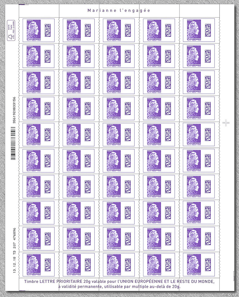 Image du timbre Feuille de 50 timbres autoadhésifs - Marianne d'Yseult Digan - Lettre prioritaire pour l'international jusqu'à 20g