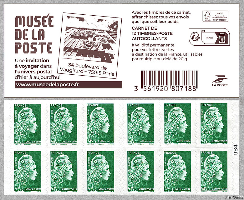 Image du timbre Marianne d'Yseult Digan- Carnet de 12 timbres autoadhésifs pour lettre verte jusqu'à 20g-Musée de La Poste