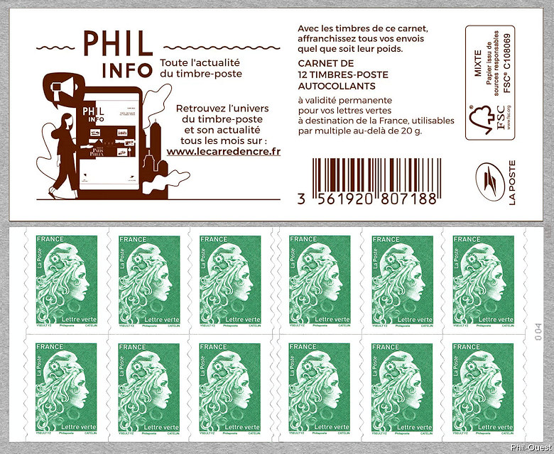 Image du timbre Marianne d'Yseult Digan- Carnet de 12 timbres autoadhésifs pour lettre verte jusqu'à 20g-Philinfo « Toute l'actualité du timbre-poste »