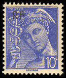Image du timbre Mercure 10c outremerLégende «Postes  Françaises» surchargé «RF»