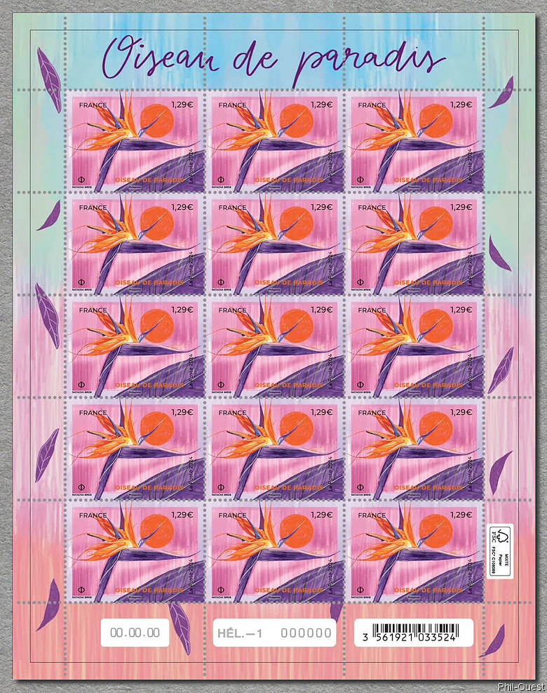 Oiseau de paradis - feuille de 15 timbres