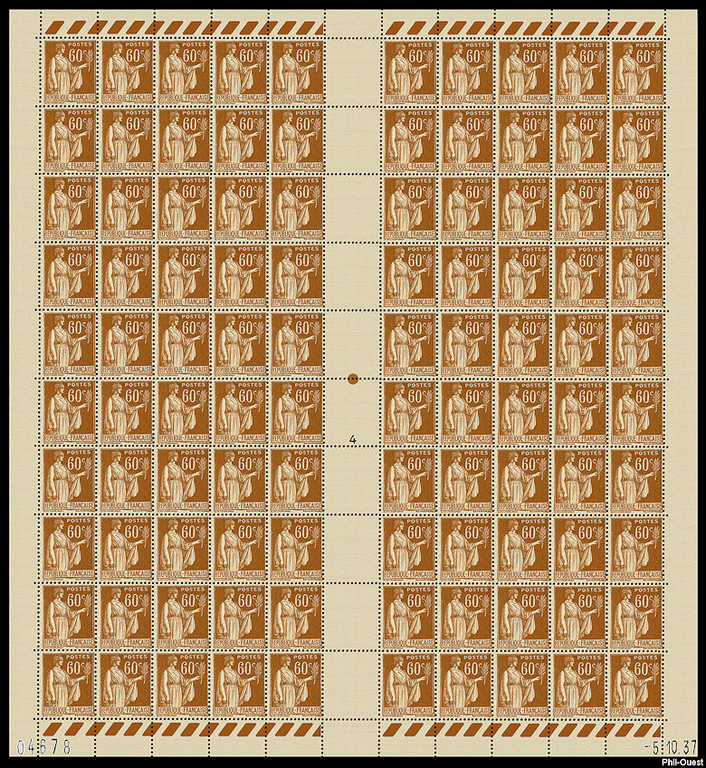 Image du timbre Feuille de 100 timbres du type Paix 3ème série 60c bistre
