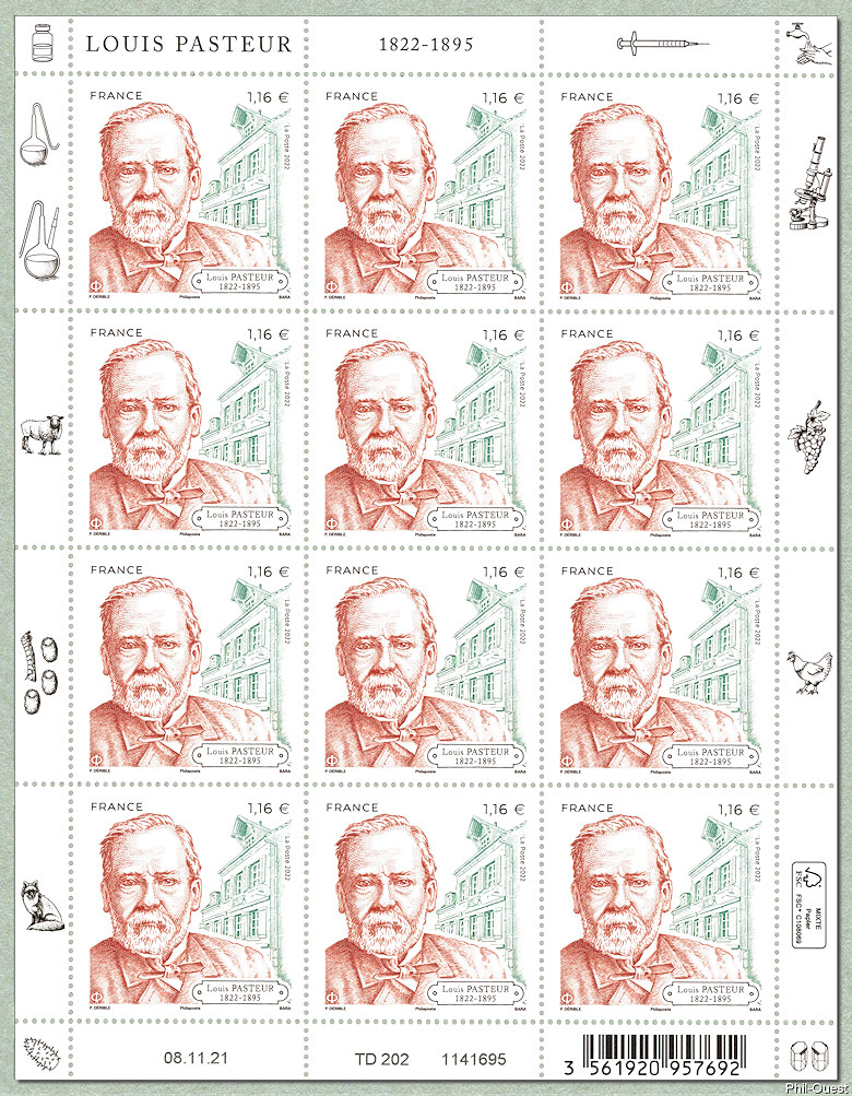 Image du timbre Feuille de 12 timbres de Louis Pasteur 1822-1895