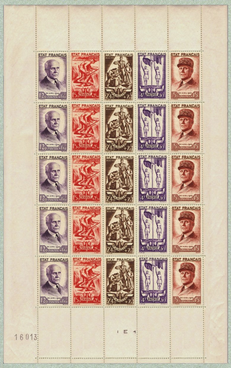 Image du timbre Feuille de 5 bandes Travail Famille Patrie - 24 avril 1943