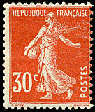 Image du timbre Semeuse 30c rouge fond plein sans sol, inscriptions grasses
