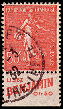 Image du timbre Semeuse lignée 50c rougeavec bande publicitaire «Lisez BENJAMIN 0fr50»