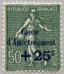 Image du timbre Semeuse lignée vert-bleu 25c surcharge noire 25c