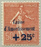 Image du timbre Semeuse lignée rouge-brun 50c surcharge noire 25c