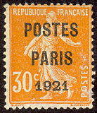 Image du timbre Semeuse 30c orange-surchargé POSTES PARIS 1921