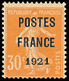 Image du timbre Semeuse 30c orange  fond plein sans sol préoblitéré-surchargé POSTES FRANCE 1921