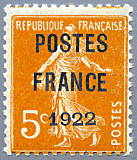 Image du timbre Semeuse 5c orange    fond plein sans sol préoblitéré-surchargé POSTES FRANCE 1922