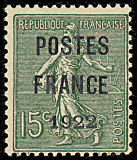 Image du timbre Semeuse lignée 15 c vert-olive   préoblitéré-surchargé POSTES FRANCE 1922