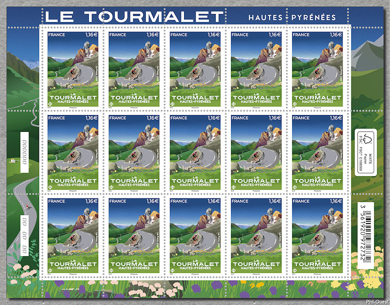 Image du timbre Le Tourmalet - Hautes-Pyrénées - Feuillet de 15 timbres