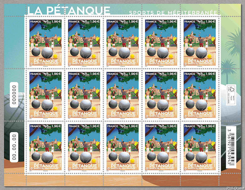 Feuillet de  15 timbres de la pétanque- Sports de Méditérranée
